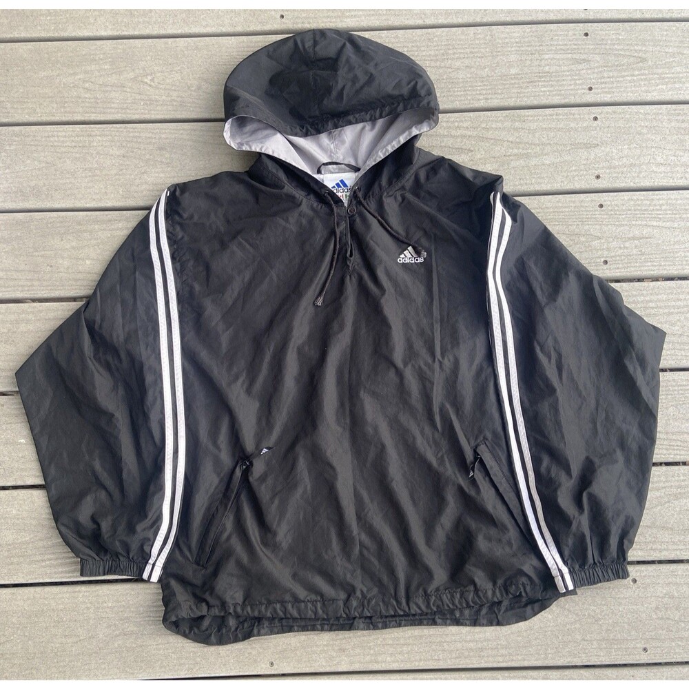 Adidas Vintage Y2K Pullover Windbreaker Jacket Black White Stripes Women's Large